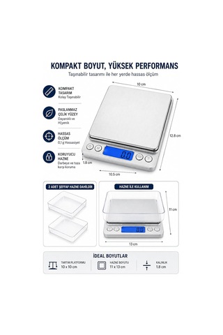 Dijital Hassas Mutfak Tartısı 3000 G Kapasiteli, 0,1 G Hassasiyetli, Lcd Ekranlı Mini Terazi, 6 Ölçüm Birimi, Dara Ve Pcs Adet Sayma Fonksiyonlu, Paslanmaz Çelik Çok Renkli
