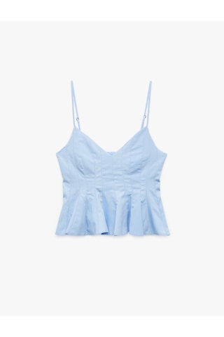 Koton Volanlı V Yaka Pamuklu Askılı Slim Fit Dikiş Detaylı Crop Bluz Mavi 5sal30026ıw Mavi