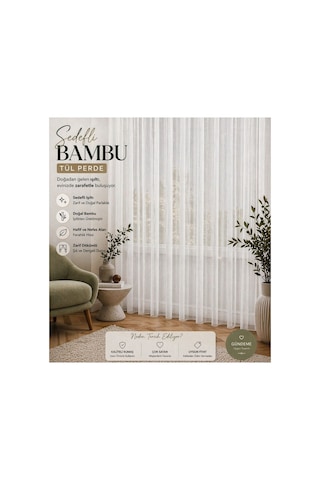 Ütü İstemez Sedefli Lüx Bambu Model Tül Perde 1/2 Seyrek Pileli Özel Ölçü Şık-tasarım Ekru Ekru