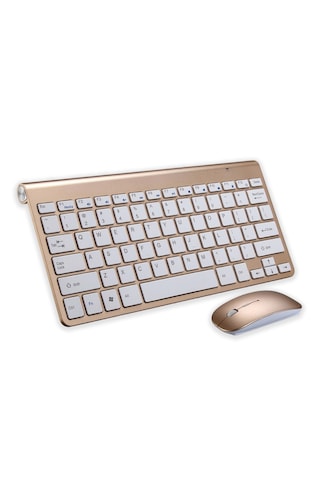 Premium Gold Klavye Mouse Seti - Sessiz Kablosuz Mini - Altın Serisi Optik