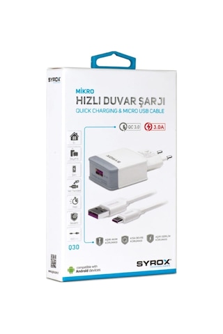 Syrox Q30 Microusb Girişli 3.0 Amper Hızlı Şarj Aleti (Beyaz) (343260010)