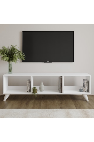 Tina Tv Sehpası 120 Cm Açık Meşe Renkli, Retro Tarz Ahşap Ayaklı Minimal Tv Sehpası Beyaz