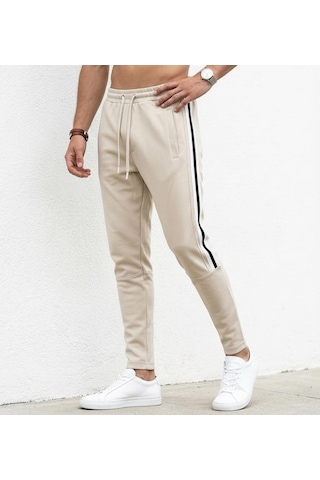 Plus Scorpion Erkek Slim Fit Pamuklu Eşofman Altı Yan Şerit Detaylı Günlük Bej