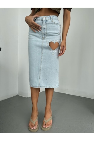 Kalp Detaylı Taş İşlemeli Denim Midi Etek ÇoK Renkli