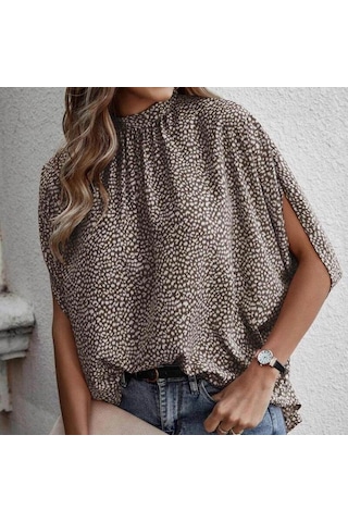 Yaz Dantel-up Leopar Baskı Batwing Kısa Kollu Bluz Zarif Gevşek Rahat Standı Yaka Gömlek Moda Şık Üstleri Kadın 25320 Wow