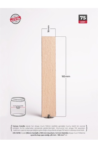 Ahşap Mum Fitili 18 Mm Genişlik Nikel Kaplama Çelik Taban, 3m Köpük Bantlı, 75 Li Set Ahşap