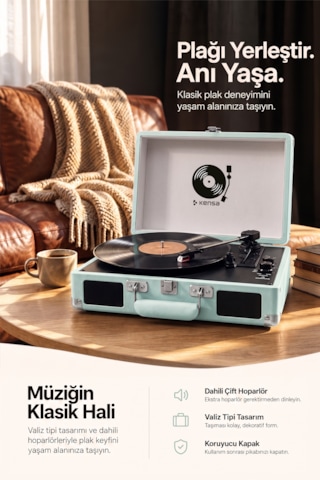 Kensa Bluetooth Lu Nostaljik Çantalı Pikap 33/45/78 Devir Dahili Bataryalı Plak Çalar Açık Yeşil