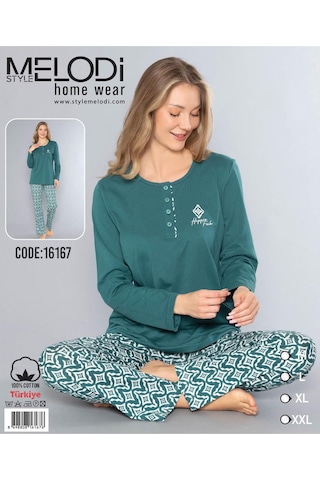 Melodi Kadın Standart Kalıp %100 Pamuk Düğmeli Yaka Uzun Kol Baharlık Pijama Takımı 16167- 1 Adet Yeşil
