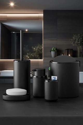5 Parça Siyah Çizgili Yuvarlak 5'li Eco Banyo Seti Çöp Kovası Tuvalet Fırçası Sabunluk Diş Fırçalık