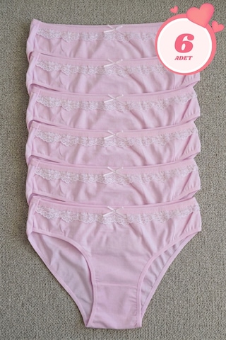 Mataş Kadın 6'lı Paket Dantel Detaylı Pamuklu Bikini Külot Esnek İz Yapmaz Yumuşak İç Çamaşırı Pembe