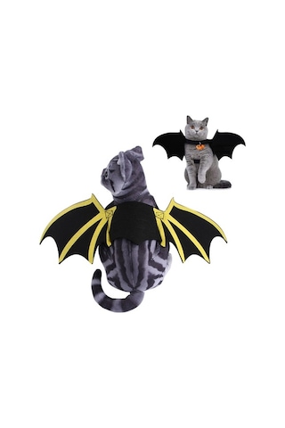 Pazly Köpek Cadılar Bayramı Kostümü - Yarasa Kanatlı Harni, Çanlı Baskılı Evcil Hayvan Kostümü Açık Mavi