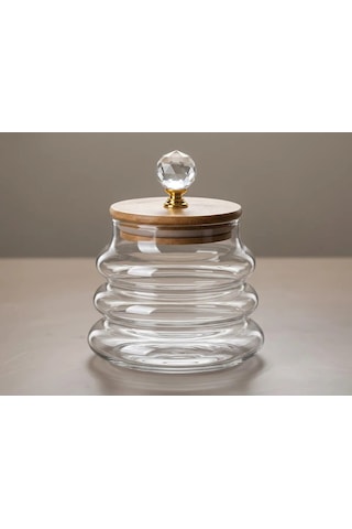 Kristal Kulplu Bambu Kapaklı Dalgalı Borosilikat Cam Kavanoz 400ml - Lüks Mutfak & Banyo Saklama Kabı / Baharatlık Şeffaf