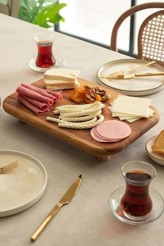 Nishev Kayın Dikdörtgen Ayaklı Kahvaltı Peynir Sunum Servis Tabağı Ahşap