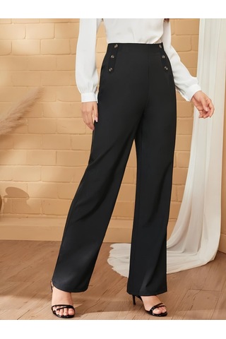 Ge Ticaret Kadın Düğme Detay Bol Paça Ithal Krep Pantolon Siyah