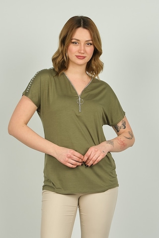 Ella Camelia Kadın Fermuarlı Kısa Kol Bluz 20e038 Haki