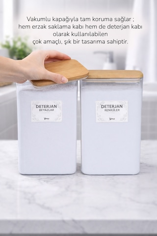 2 Adet Ahşap Vakumlu Kapaklı Toz Deterjan Kutusu Renkliler Beyazlar Etiketli 3 Litre Şeffaf