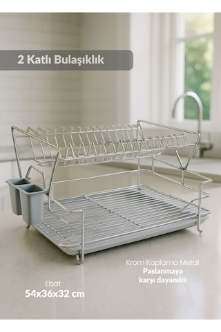 Jet's Home 2 Katlı Bulas Iklık C Elik Tezgah U Stu Tabaklık Bpa Free Bulas Ik Sepeti Kurutmalık Gri Gri