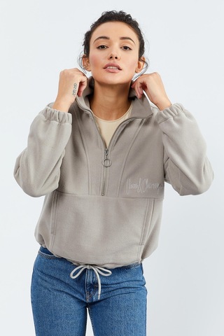 Tommy Life Koyu Bej Yarım Fermuar Etek Ucu Büzgülü Kadın Polar Oversize Sweatshirt - 97171 Koyu Bej