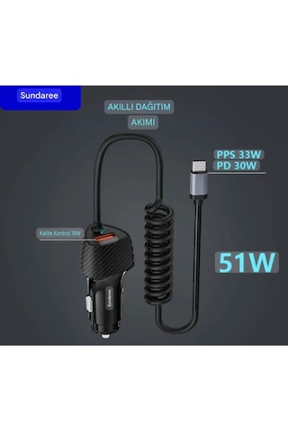 Sundaree 51w Karbon Fiber Yaylı Şarj Kablolu 2 Girişli Type-c Ve Usb Hızlı Ce Lisanslı Sertifkalı inal Sağlam Araç Şarjı Siyah
