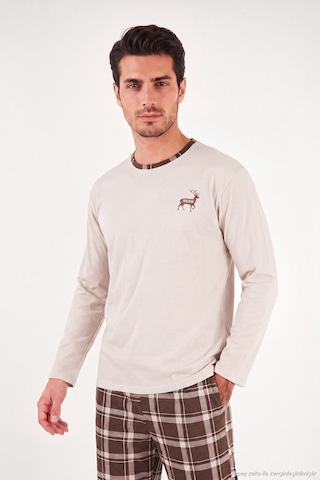 Buratti Pamuklu Regular Fit Bisiklet Yaka Ekoseli Pijama Takımı Erkek Pijama Takımı 6574001 Bej