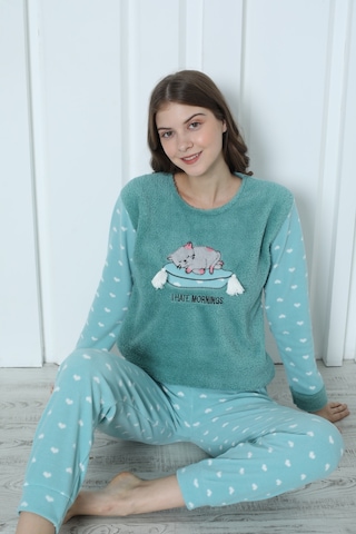 Wordex Fawn 5006 Peluş Welsoft Polar Kışlık Yumoş Kadın Pijama Takımı Uyuyan Kedili Yeşil