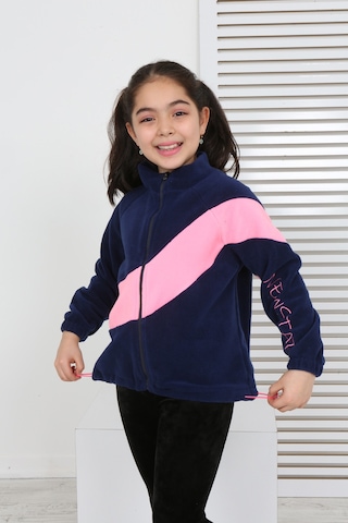 Toontoy Kız Çocuk Dik Yaka Fermuarlı Renk Bloklu Reglan Kol Polar Hırka - Beli Ayarlanabilir Lastikli Lacivert