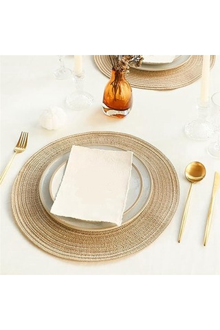 8'li Paket Yuvarlak Dokuma Amerikan Servisleri Isıya Dayanıklı Amerikan Servisleri Sarımsı Kahverengi