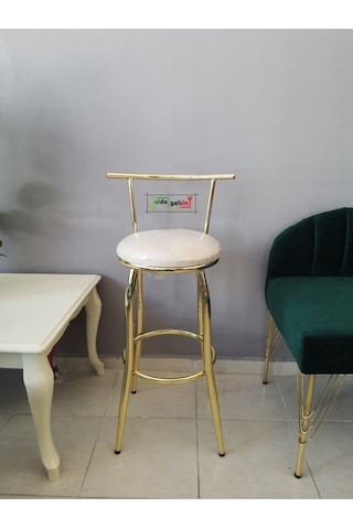 Dekoratif Ultra Lüks Sırtlı Bar Tabure Gold Krem