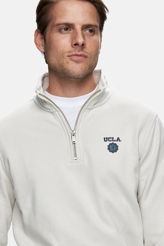 Ucla Leon Bej Yarım Fermuar Nakışlı Standard Fit Erkek Sweatshirt Bej