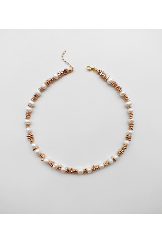 Hematit Taşlı İnci Kolye Beyaz - Rose Gold