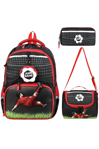 3'lü Set İlkokul Çantası Futbol Topu Desenli Takım Termal Folyo Beslenmeli Erkek Çocuk İlkokul Sırt Çantası Kırmızı