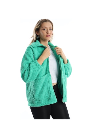 Kadın Fermuarlı Stoper Detaylı Kıvırcık Peluş Ceket Yeşil