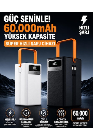 60.000mah Powerbank Lightning-type-c Şarj Kablolu Hızlı Şarj Kısa Devre Aşırı Isınma Koruma 4 Cihaza Kadar Destek Fenerli 3 Modlu Taşınabilir Dijital Ekranlı 4 Çıkış 3 Giriş Siyah
