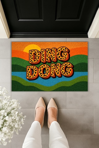 Rugmood Modern Dijital Baskı Paspas - Retro Tasarım Ding Dong Yazılı Renkli - Kapı Önü Paspası Kahverengi