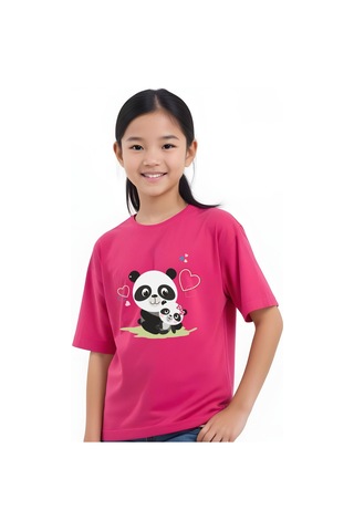 Panios Kids Mother Panda Baskılı Kız Çocuk Kısa Kollu T-shirt Fuşya