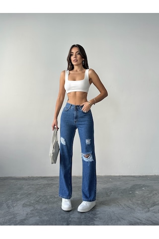 Blue Marlin Kadın Lazer Yırtık İşlemli Boyfriend Kot Bol Paça Pantolon Mavi