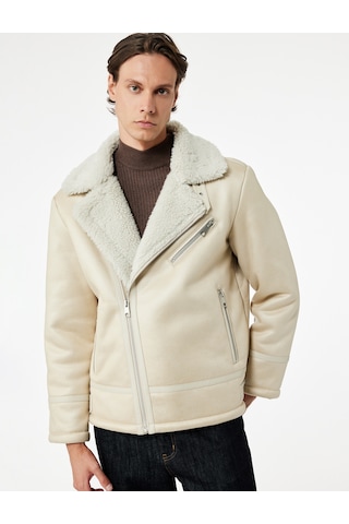 Koton Fermuarlı Cep Detaylı Slim Fit Peluş Yaka Kışlık Suni Deri Ceket Bej 6wam20095hw Ekru