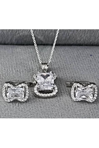 Lilahgümüştr Gümüş Beyaz Taşlı Baget Kadın Kolye Küpe