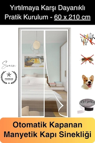 Dayanıklı Mıknatıslı Kapı Sinekliği 60x210 Cm Tül Haşere Böcek Sivrisinek Geçirmez Manyetik Beyaz