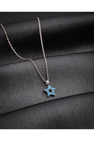 925 Ayar Rodyum Turkuaz Taşlı Yıldız Minimal Gümüş Kolye Rzn10322 Gümüş