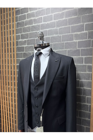 Dupont Classics Erkek Slim Fit 6 Drop Sivri Yaka Yelekli Poliviskon Çift Yırtmaç Takım Elbise Siyah