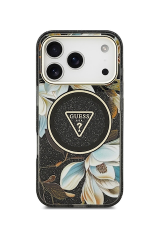 Apple Uyumlu iPhone 17 Pro Kılıf Guess Lisanslı M-safeli Simli Çiçek Desenli Metal Kamera Çerçeveli Kapak Siyah Siyah