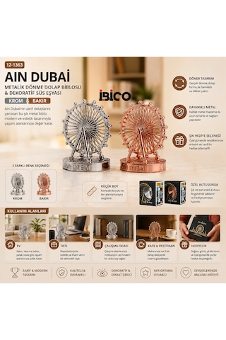 Küçük Aın Dubai Metalik Dönme Dolap Biblosu - Dekoratif Süs Eşyası Krom - Bakır 5250