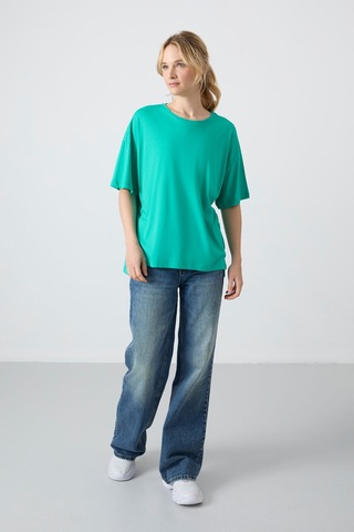 Tommy Life Deniz Yeşili Penye Modal Yumuşak Tuşeli Oversize Fit Basic Kadın T-shirt- 97285 Deniz Yeşili