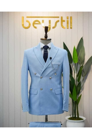 Beystil Sivri Yaka Bebe Mavisi Çizgili Kruvaze Takım Elbise - Slim Fit Mavi
