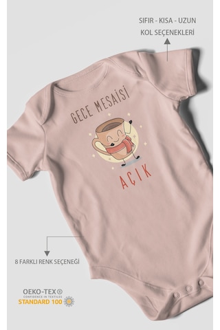 Gece Mesaisi Açık Baskılı Bebek Zıbını Çıtçıtlı Body %100 Pamuk Kısa Kol Pastel Pembe
