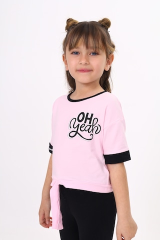 Toontoy Kids Toontoy Kız Çocuk Önü Bağlama Detaylı Baskılı Tişört Açık Pembe