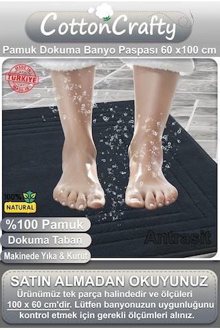 Cottoncrafty %100 Pamuk Dokuma Banyo Paspası, Banyo Halısı Vera 60x100 Cm Makinede Yıka & Kurut Antrasit Genel
