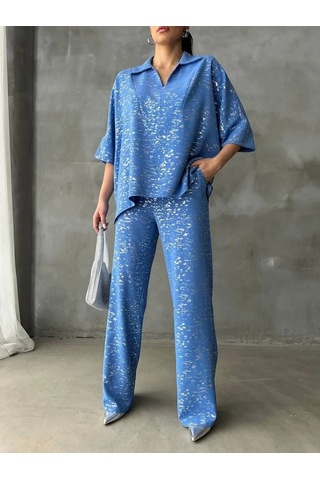 Defymoda Varaklı Bluz Pantolon Takım - Mavi Mavi