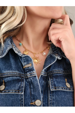 Güneş İnci Firuze Taş Model Charmlı Yaz Beach Plaj Tatil Kolye 46cm Gold